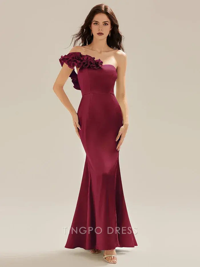 Elegant One - Shoulder Ruffled Mermaid Ankle-Length Maxi Dress Prom Dress